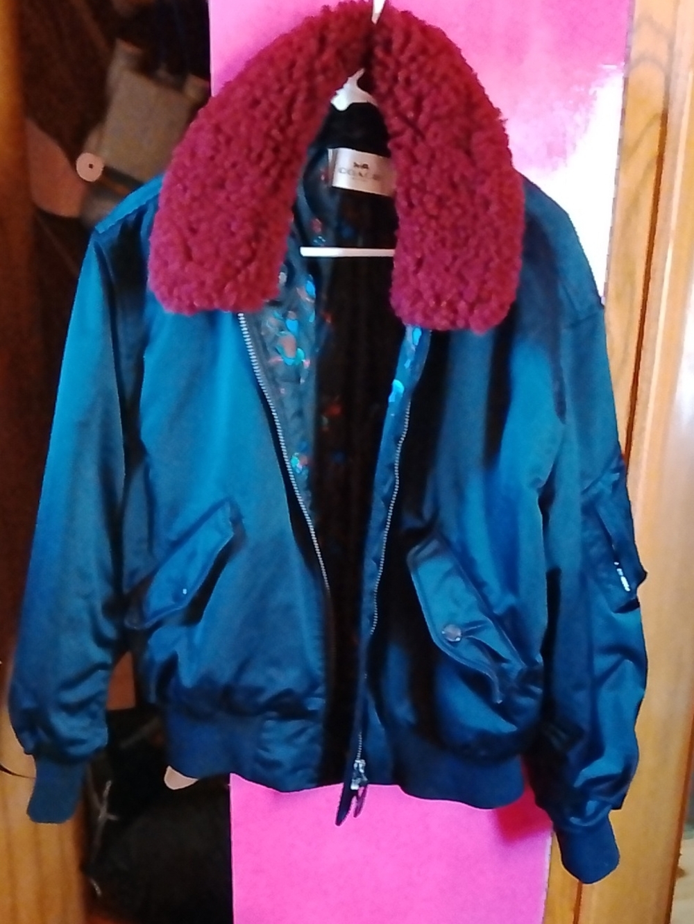 COACH NAVY BLUE Jacket with Burgundy Shearling Trim